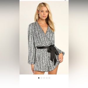 NWT Lulus Shiny Silver Sequin Long Sleeve Romper
